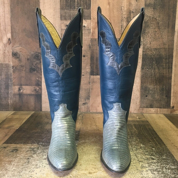 Justin L4425 Vintage Blue Gray Teju Lizard Cowboy Boots Womens 5.5 B