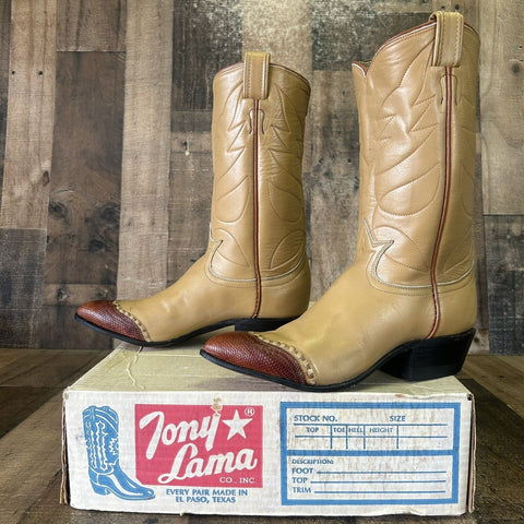 Tony Lama Vintage Lizard Wingtip Gold Label Cowboy Boots Womens 5.5 A