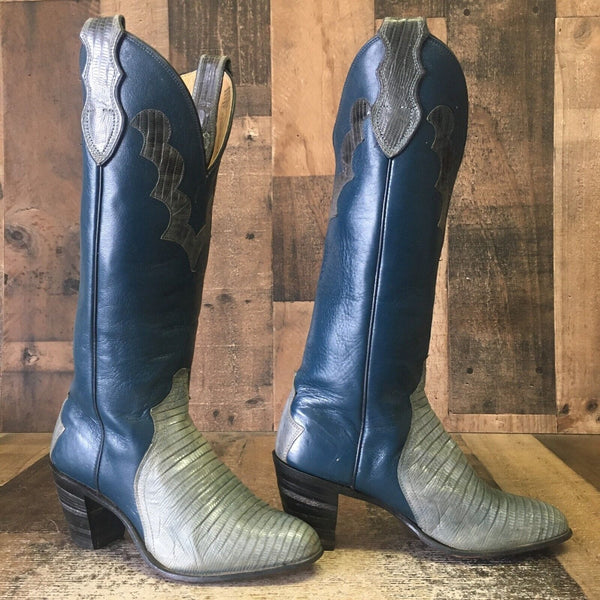 Justin L4425 Vintage Blue Gray Teju Lizard Cowboy Boots Womens 5.5 B