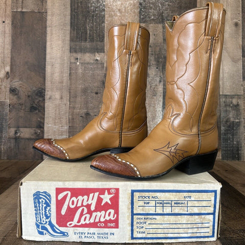 Tony Lama Vintage Gold Label Lizard Wingtip Cowboy Boots Womens 5.5 A